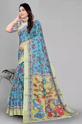 sky blue  linen cotton digital print saree