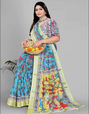 sky blue  linen cotton digital print saree 4