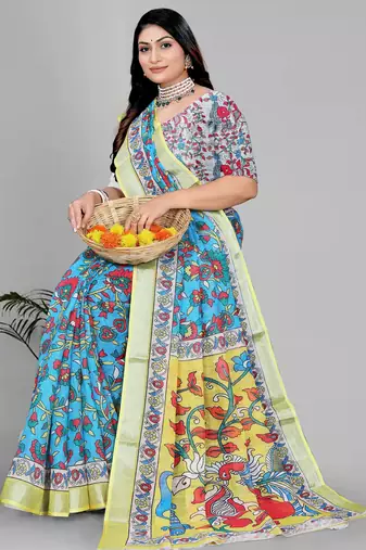 sky blue  linen cotton digital print saree