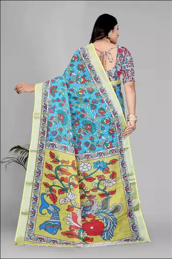 sky blue  linen cotton digital print saree