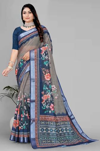 beige  linen cotton digital print saree