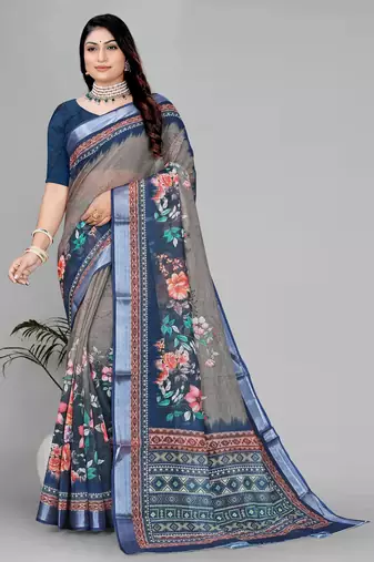 beige  linen cotton digital print saree