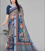 beige  linen cotton digital print saree