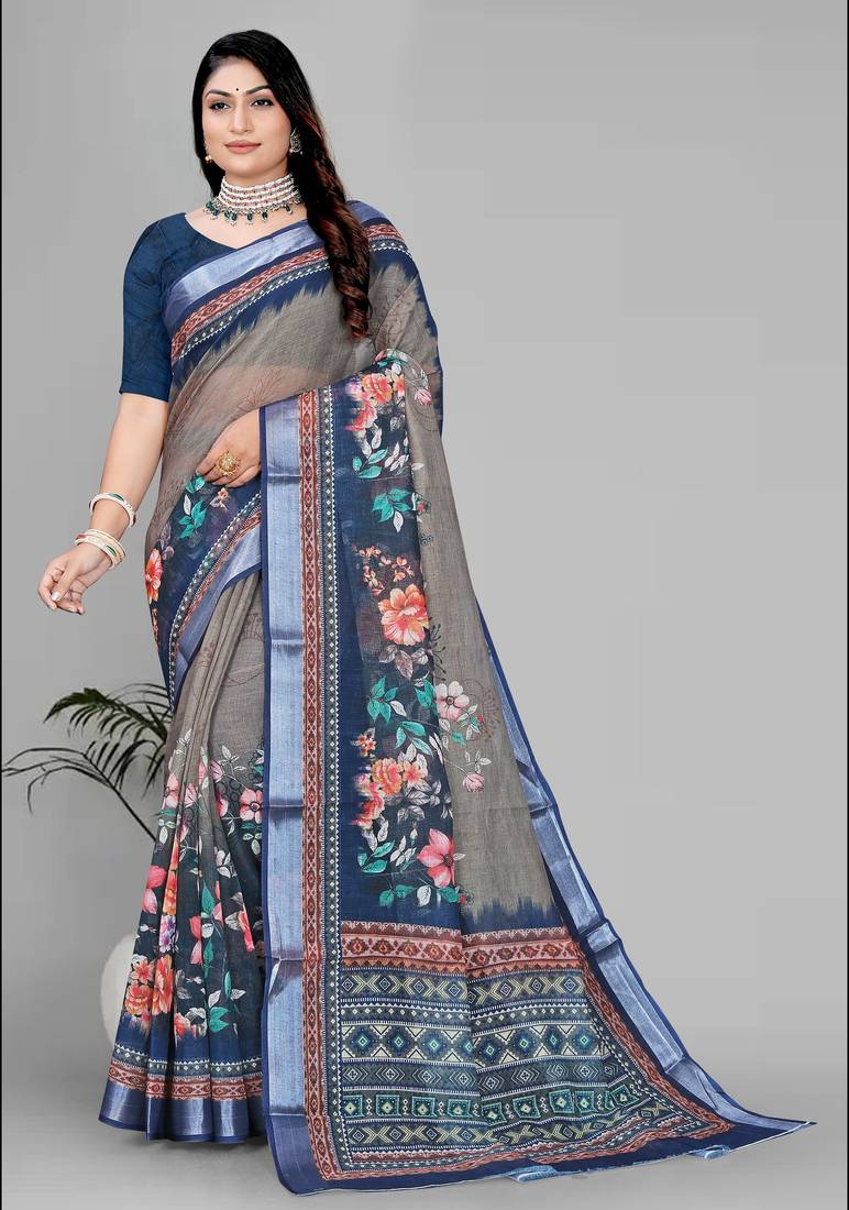 beige  linen cotton digital print saree