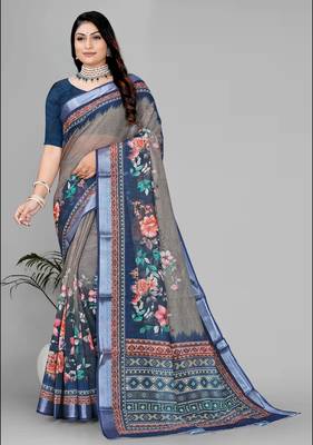 beige  linen cotton digital print saree 2