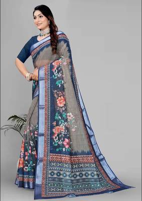 beige  linen cotton digital print saree 3