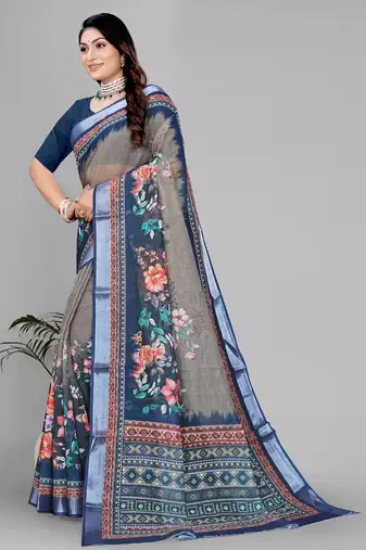 beige  linen cotton digital print saree
