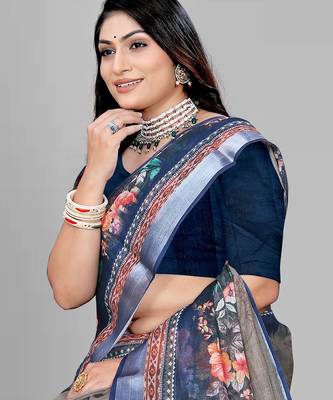 beige  linen cotton digital print saree 4