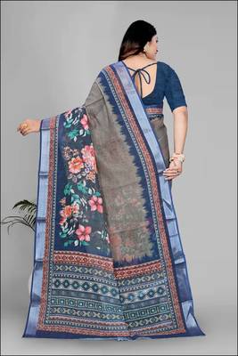 beige  linen cotton digital print saree 5