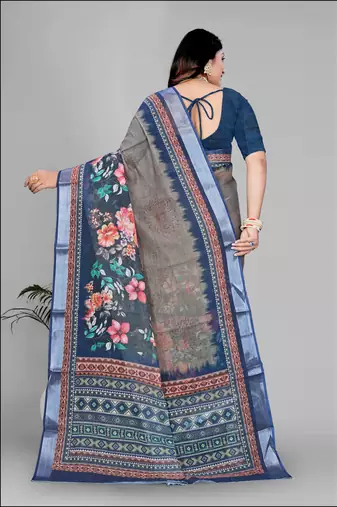 beige  linen cotton digital print saree