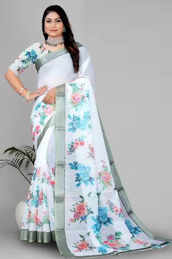 white  linen cotton digital print saree