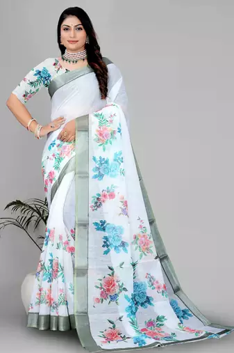 white  linen cotton digital print saree
