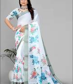 white  linen cotton digital print saree