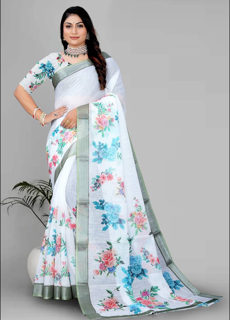 white  linen cotton digital print saree