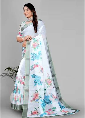 white  linen cotton digital print saree 3