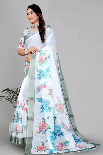 white  linen cotton digital print saree