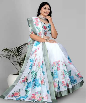 white  linen cotton digital print saree 4