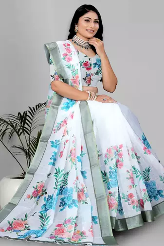 white  linen cotton digital print saree