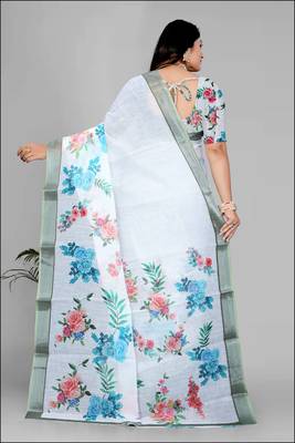white  linen cotton digital print saree 5
