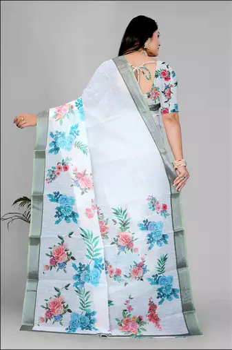 white  linen cotton digital print saree