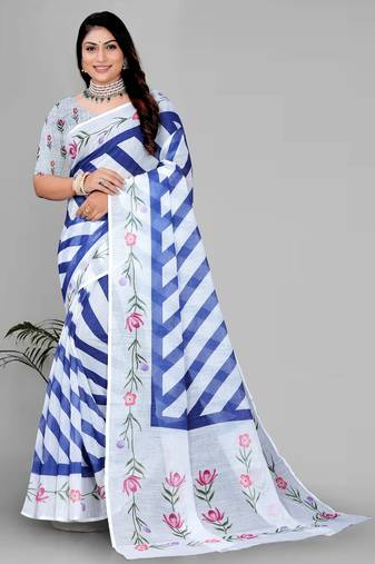white  linen  digital print saree 