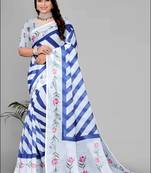 white  linen  digital print saree 