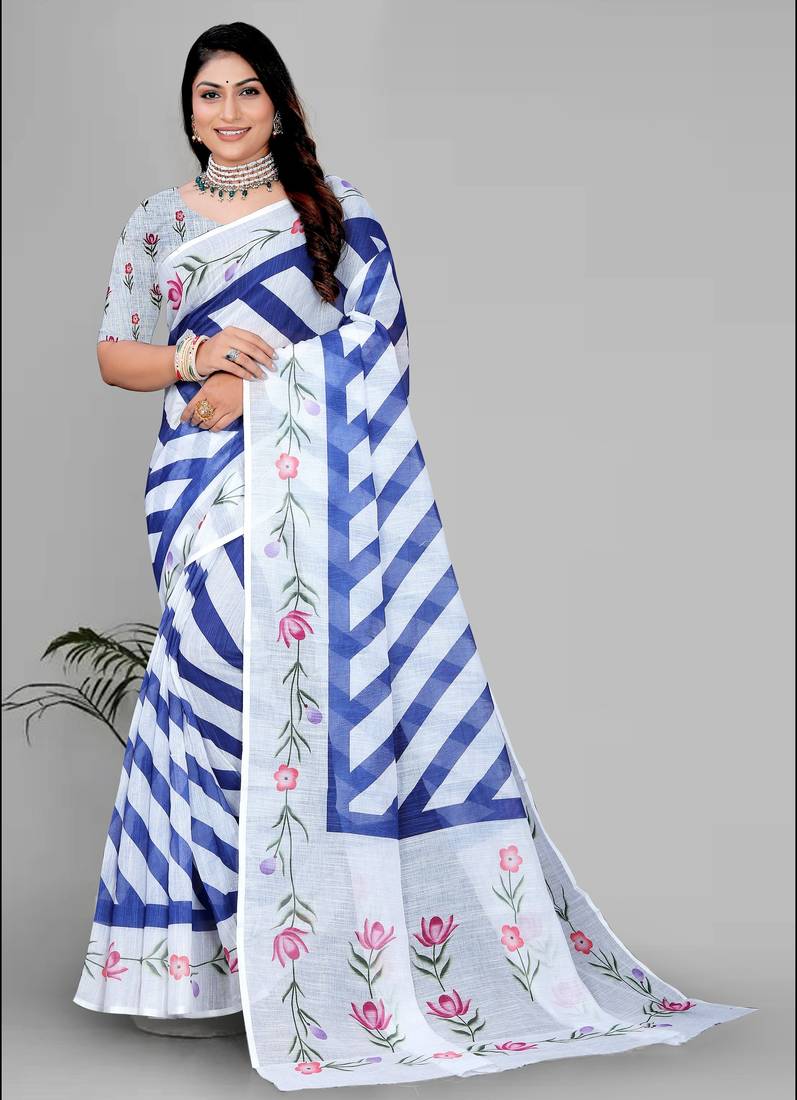 white  linen  digital print saree 