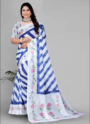 white  linen  digital print saree  2