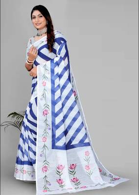 white  linen  digital print saree  3