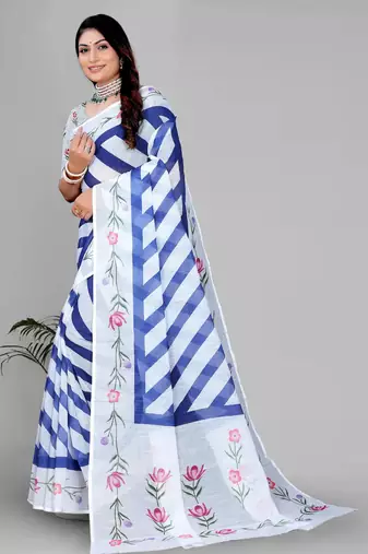 white  linen  digital print saree 