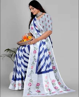white  linen  digital print saree  4