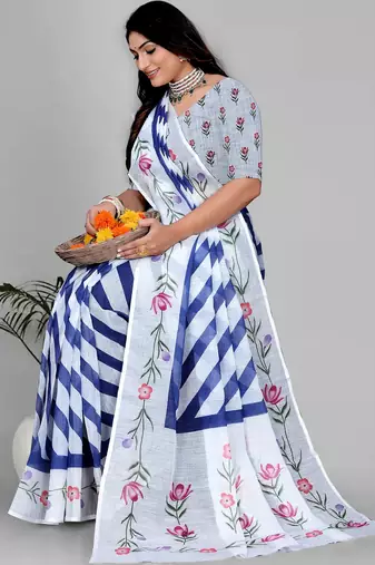 white  linen  digital print saree 