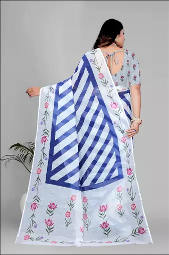 white  linen  digital print saree 
