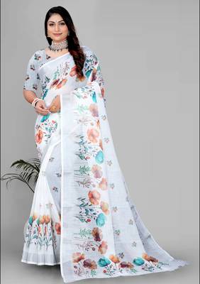 white  linen cotton digital print saree 1