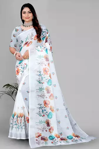 white  linen cotton digital print saree