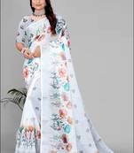 white  linen cotton digital print saree