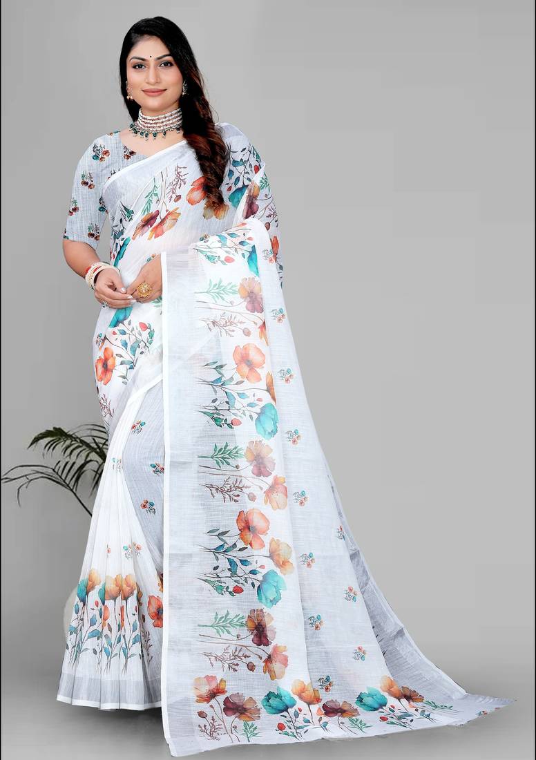white  linen cotton digital print saree