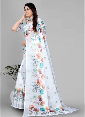 white  linen cotton digital print saree 3
