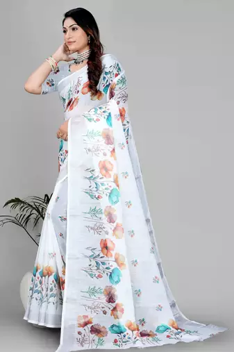 white  linen cotton digital print saree