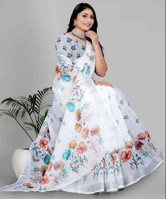 white  linen cotton digital print saree 4
