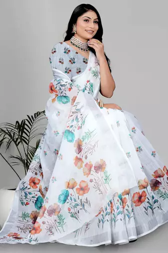 white  linen cotton digital print saree
