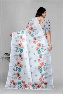 white  linen cotton digital print saree 5