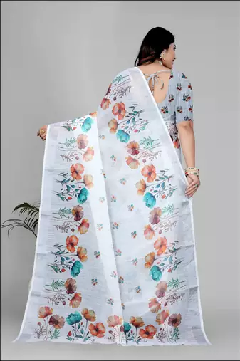 white  linen cotton digital print saree