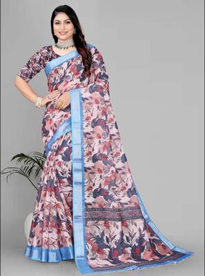 brown  linen  digital print saree  1