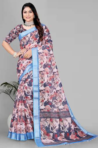 brown  linen  digital print saree 