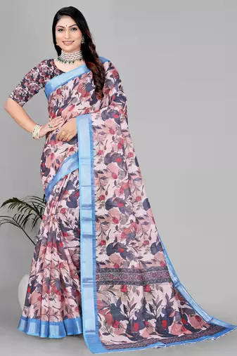 brown  linen  digital print saree 