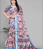 brown  linen  digital print saree 