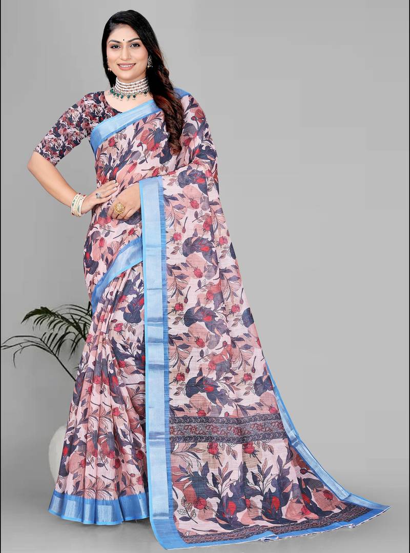 brown  linen  digital print saree 