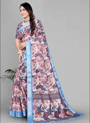 brown  linen  digital print saree  3