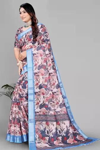 brown  linen  digital print saree 